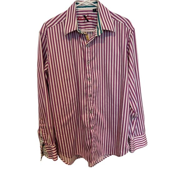 Robert Graham Purple Striped Button Down Dress Shirt Flip Cuff Luxury Designer L - Picture 1 of 5